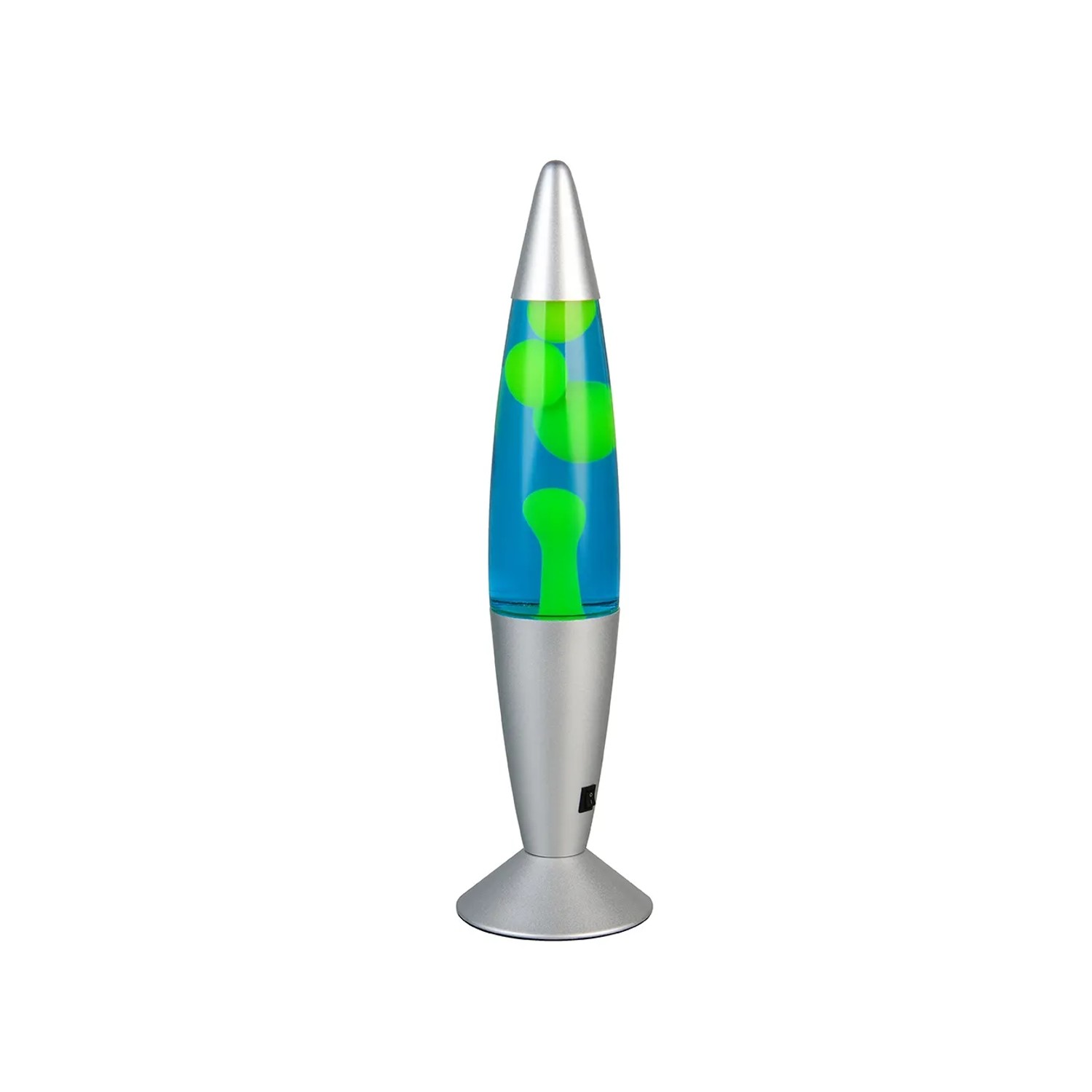 Gelbe Reality LED Lavaleuchte Vesuv, Design-Tischlampe mit blauem Fluid und silberfarbenem Sockel.