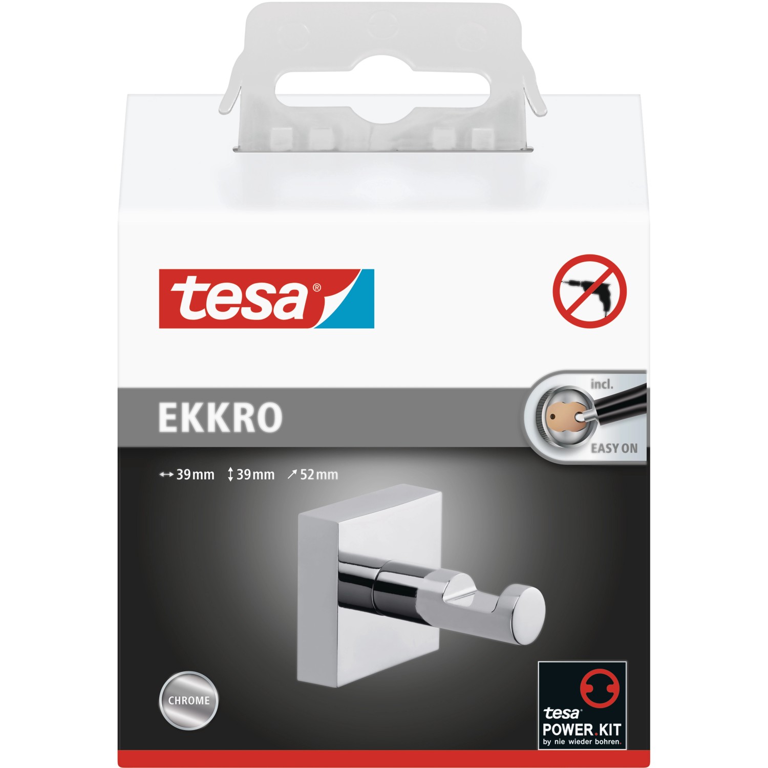 Tesa Ekkro Handtuchhaken, verchromt, zur Wandmontage ohne Bohren.