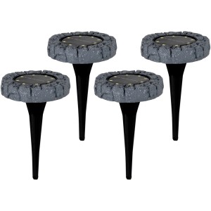 4er Set Näve LED Solar Bodenleuchten mit Erdspieß, grauer Steinlook, für den Garten.