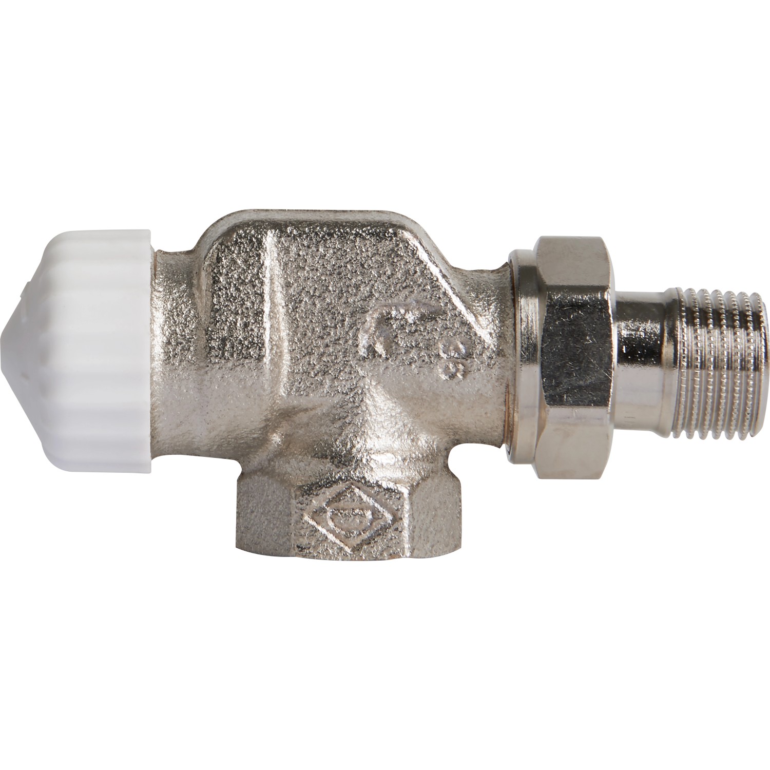 Vernickeltes IMI Heimeier Thermostatventil V-exackt II, Axialform, DN 15 für Heizungs-Installation.