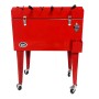 Roter Axi Kühlwagen mit Tischfußball, 65 l, mit Rollen, Flaschenöffner und Auffangschale.