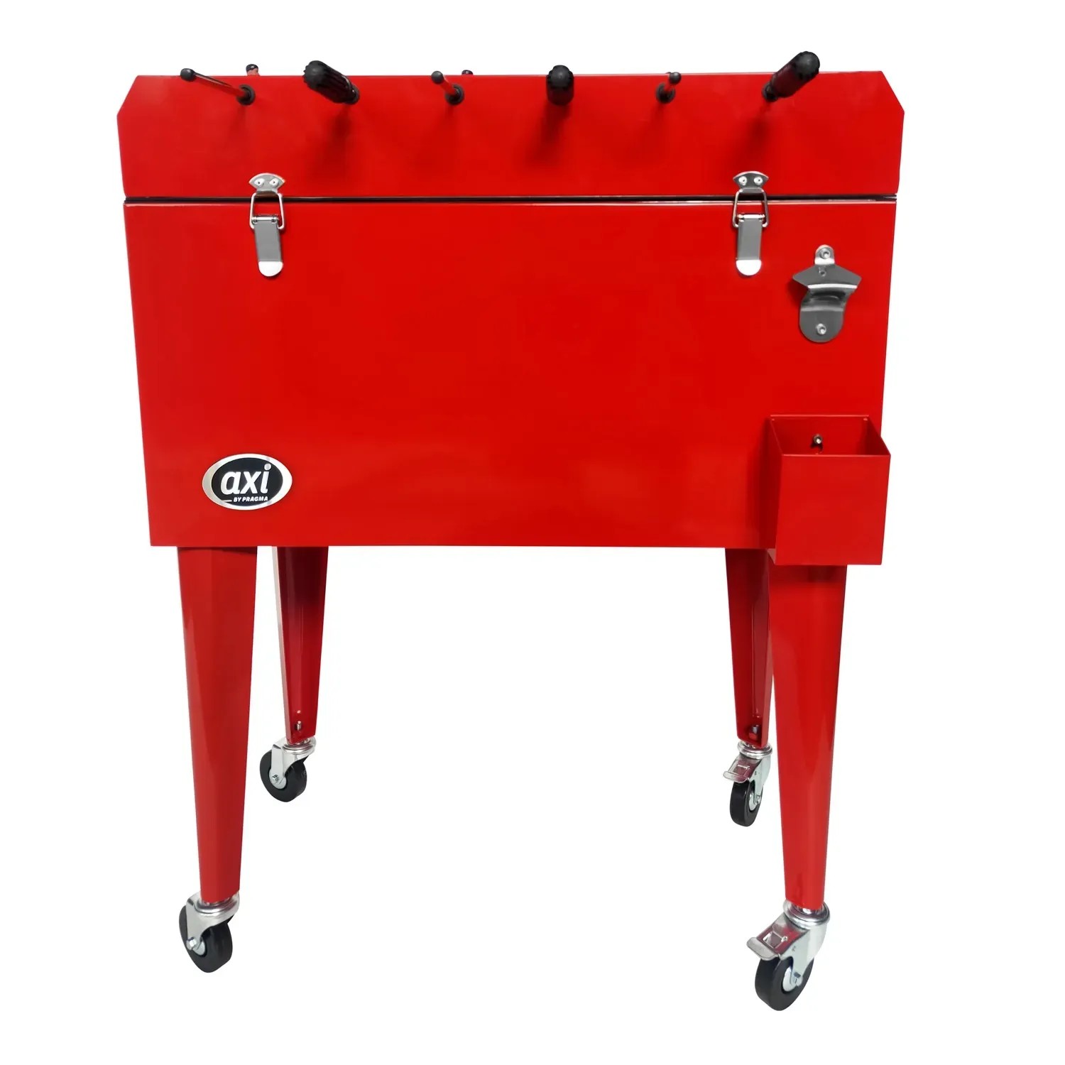 Roter Axi Kühlwagen mit Tischfußball, 65 l, mit Rollen, Flaschenöffner und Auffangschale.