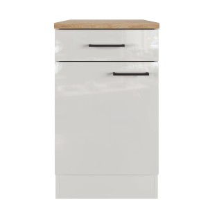 Flex-Well Unterschrank Lund, 50 cm, Lichtgrau glänzend mit Schublade und Tür.