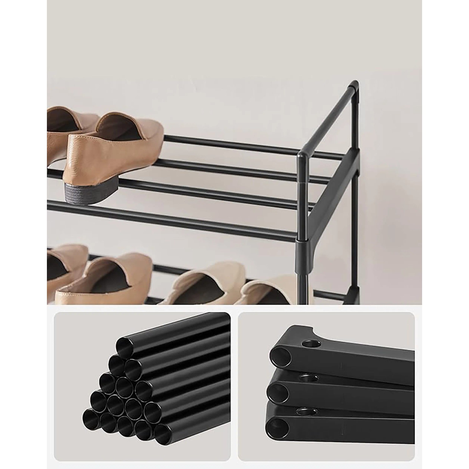 Detailaufnahme: Schwarzes Songmics Schuhregal Deky mit 4 Ebenen und Schuhen, Fokus auf Rohre und Verbinder.
