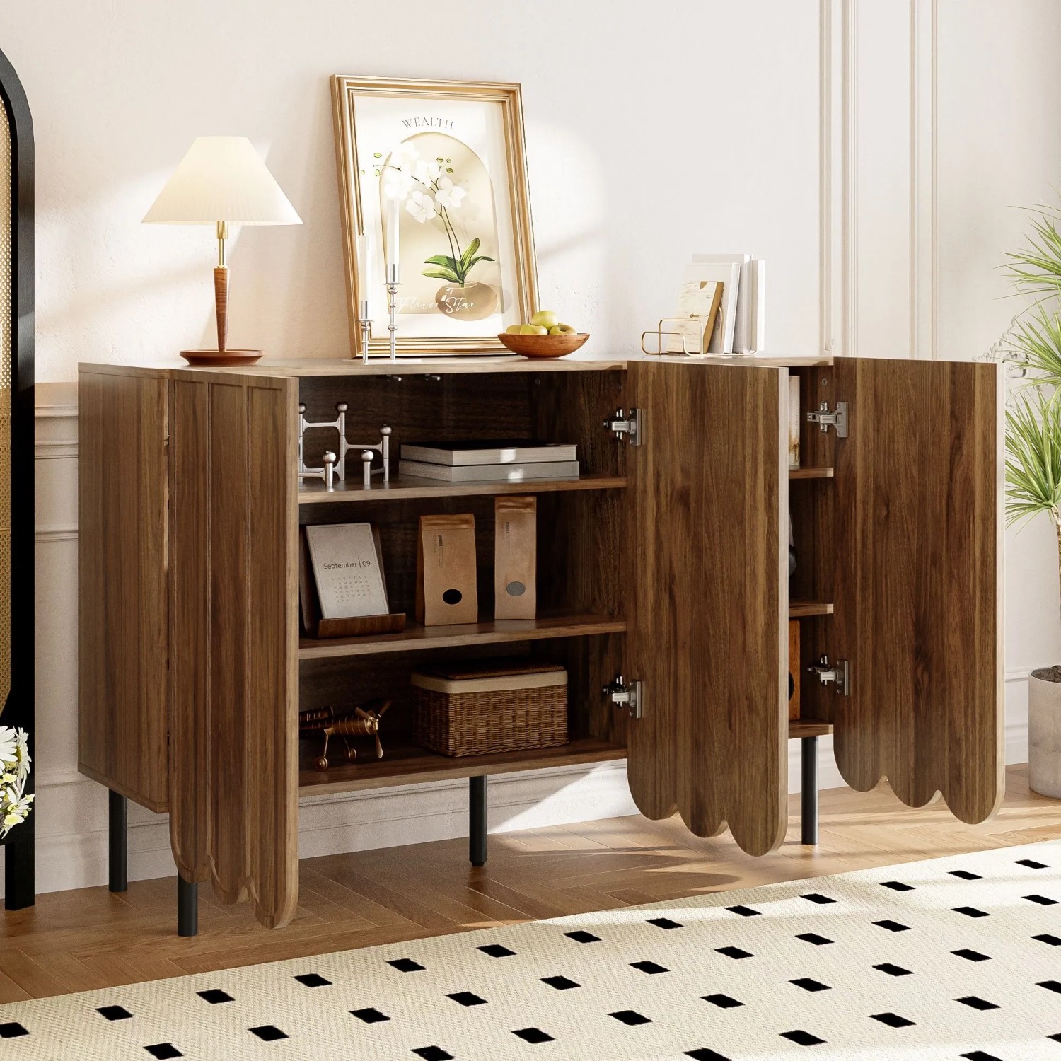okwish Sideboard mit Wellentüren Wohnzimmer Flur Esszimmer 120x35x80cm Braun_2