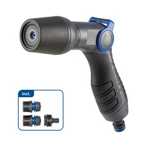 LUX Reinigungsspritze-Set mit 3 Strahlvarianten und Schlauchanschlüssen für Gartenbewässerung.
