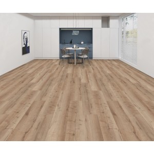 Verlegter Vinylboden Eiche Lyon mit Klicksystem in einem modernen Esszimmer.