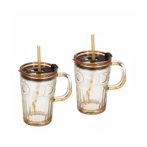 Relaxdays Trinkgläser 2er Set Glas Hellbraun mit Henkel mit Deckel mit Strohhalm 13 cm x 13 cm x 8,5 cm