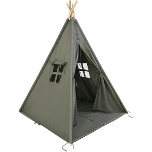 Graues Sunny Alba Tipi Zelt aus Baumwolle mit Faltkissen und zwei Fenstern.