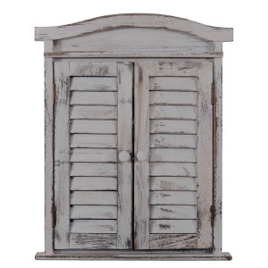Grauer Wandspiegel im Shabby-Look mit Fensterläden, Holz und Metall.