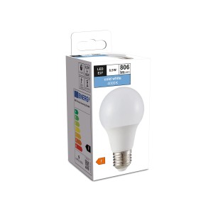 E27 LED Lampe in Glühlampenform, 8,5W, 4000K, 806 Lumen, im Set mit Verpackung.