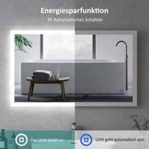 Emke LED-Badspiegel 120x60cm mit Kaltweiß-Beleuchtung und Touchschalter. Zeigt Energiesparfunktion mit Licht an/aus im Bad.