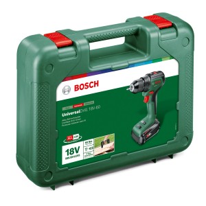 Bosch 18V Akku-Bohrschrauber UniversalDrill im grünen Koffer mit Akkus.