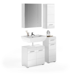 4-teiliges Badmöbel-Set Linus in Hochglanz Weiß mit Spiegelschrank, Waschbeckenunterschrank und Standschrank.