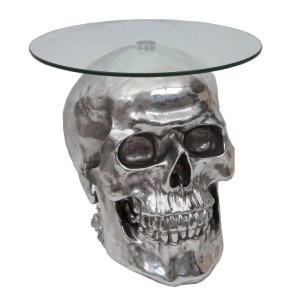 Silberner Beistelltisch Totenkopf mit Glasplatte, 52x55x55 cm, für das Wohnzimmer.
