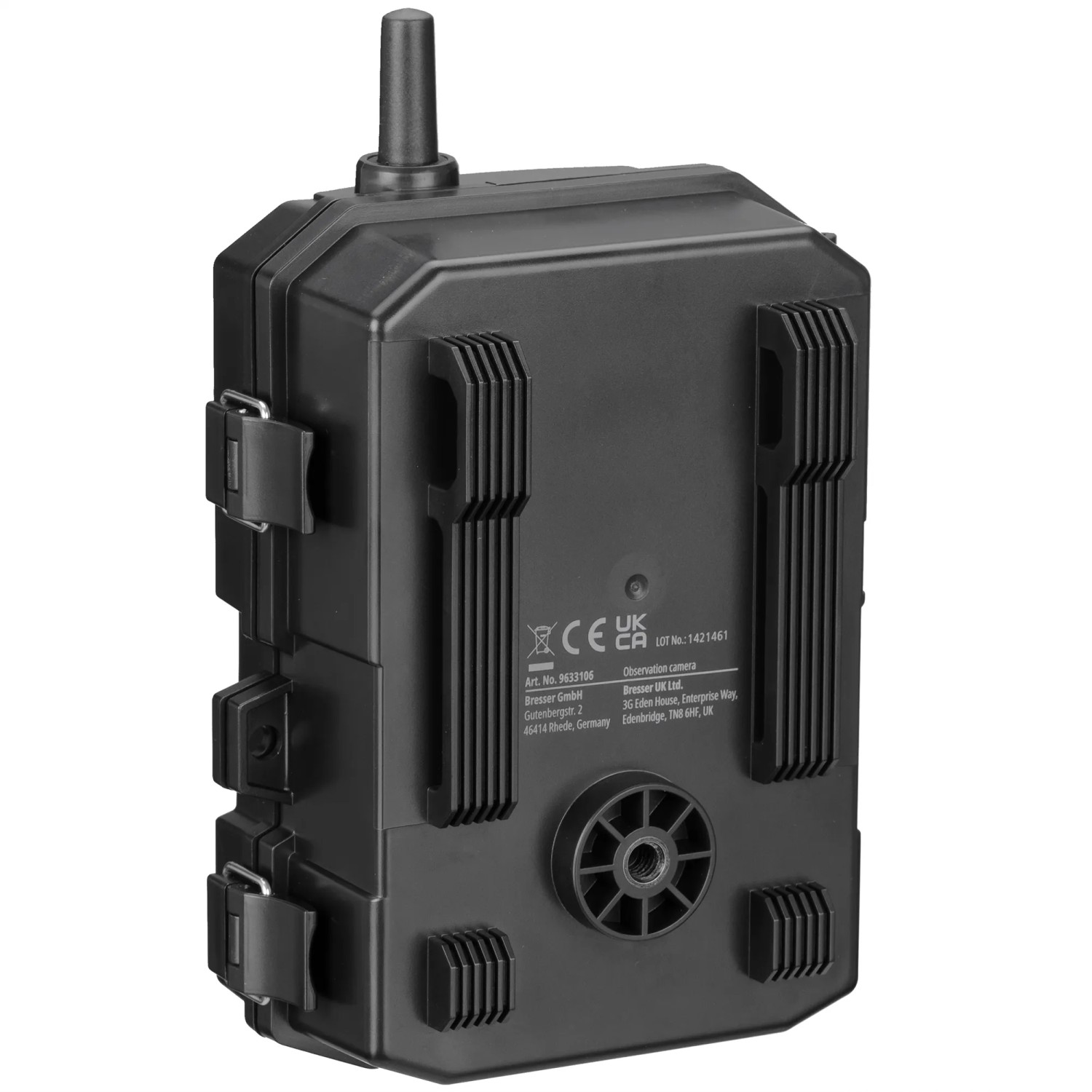 Schwarze Bresser WLAN Wildkamera 4-24 MP mit Halterung und Montagegurt.