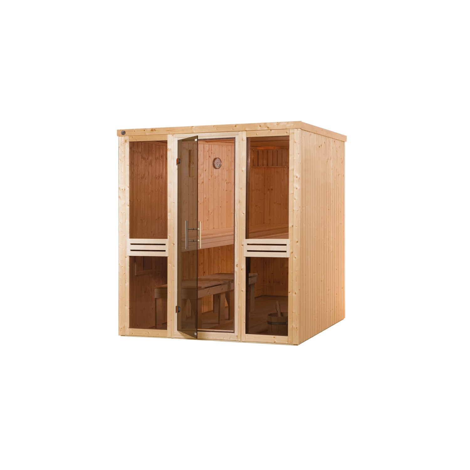 Weka Elementsauna Kaarina mit Glastür, Fichtenholz, inkl. Liege und Hocker.