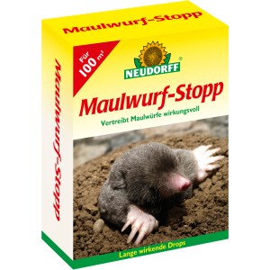 Verpackung Neudorff Maulwurf-Stopp mit Maulwurf am Hügel. Fernhaltemittel in Dropsform.