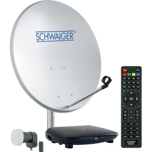 Schwaiger SAT Anlage SAT8140HD: Satellitenschüssel, Receiver, LNB und Fernbedienung im Set.