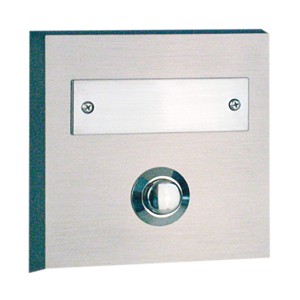 Quadratischer REV Klingeltaster aus Metall mit Namensschild für die Aufputzmontage.