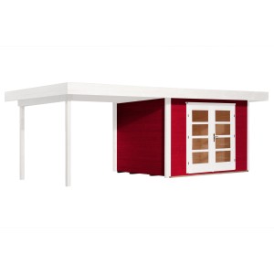 Weka Gartenhaus Savona Gr. 2 in Schwedenrot mit Anbau und Doppeltür.