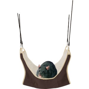 Trixie Hängematte für Ratten/Kleinnager, braun/beige, mit Ratte im Käfig.