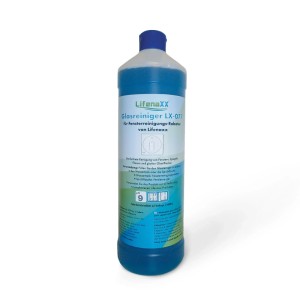 Blaue Lifenaxx Reinigungslösung LX-077 in 1-Liter-Flasche für Fensterroboter. Streifenfreier Glasreiniger für Fenstersauger.