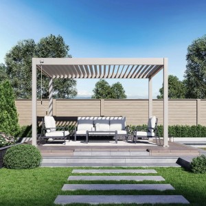 Weide Deluxe Plus Pavillon 3x4m in Ivory Sand auf Holzterrasse. Aluminium-Lamellendach bietet Sonnenschutz im Garten.