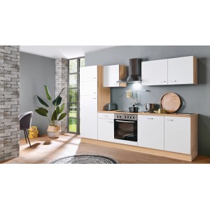 Moderne Küchenzeile Artisan Classic 280 cm in Weiß und Artisan Eiche Nachbildung mit E-Geräten.