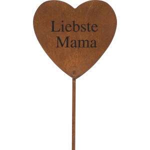 Rostfarbener Gartenstecker Herz „Liebste Mama“, 35 cm, aus Metall zur Dekoration von Blumenbeeten.