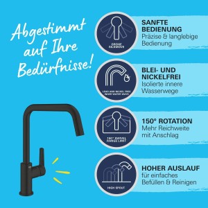 Grohe QuickFix Spültischarmatur Start, schwarz, mit hohem Auslauf und 150° Schwenkbereich.