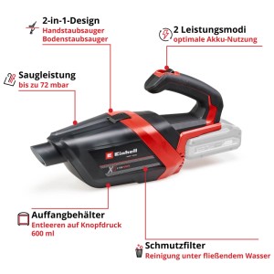 Einhell Power X-Change Akku-Handstaubsauger, schwarz-rot, 2-in-1, 72 mbar Saugleistung, 600 ml Staubbehälter.