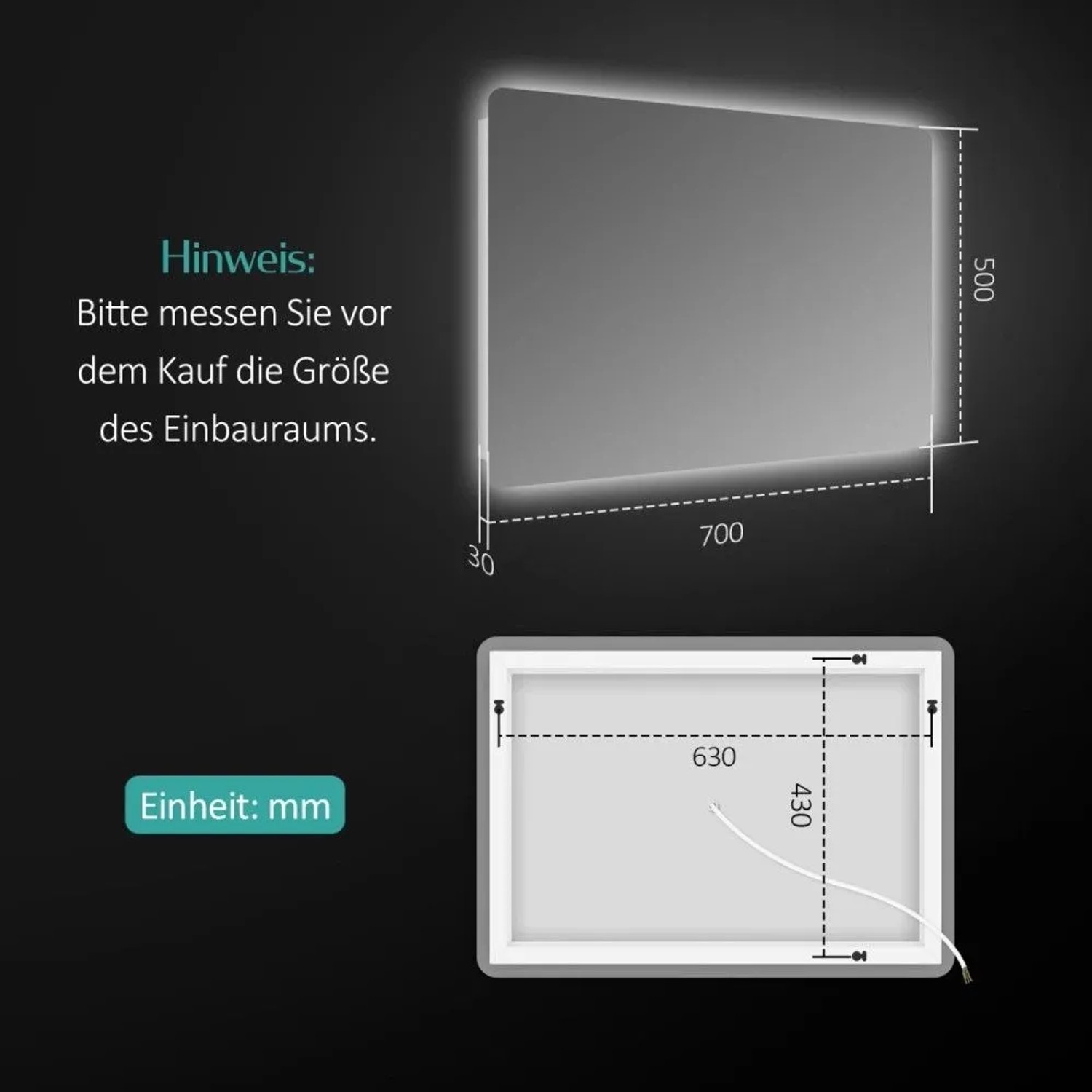 Technisches Diagramm des Emke LED-Badspiegels mit Maßen 700x500x30 mm und Montagepunkten. Hinweis zur Messung.