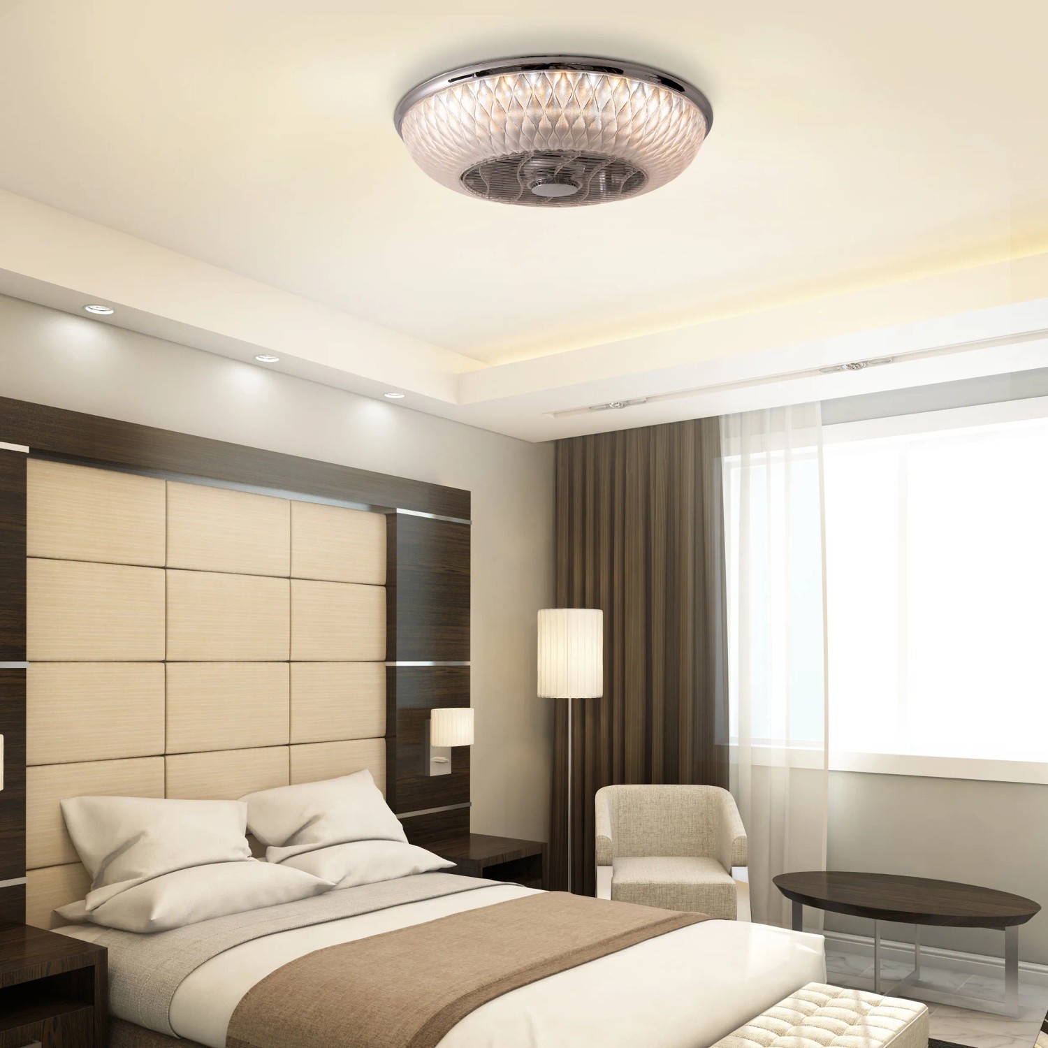 Näve LED-Deckenleuchte Viento mit Ventilator im modernen Schlafzimmer.