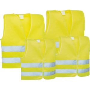 Gelbes Warnwesten-Set für Familien, 4-teilig, mit reflektierenden Streifen für hohe Sichtbarkeit.