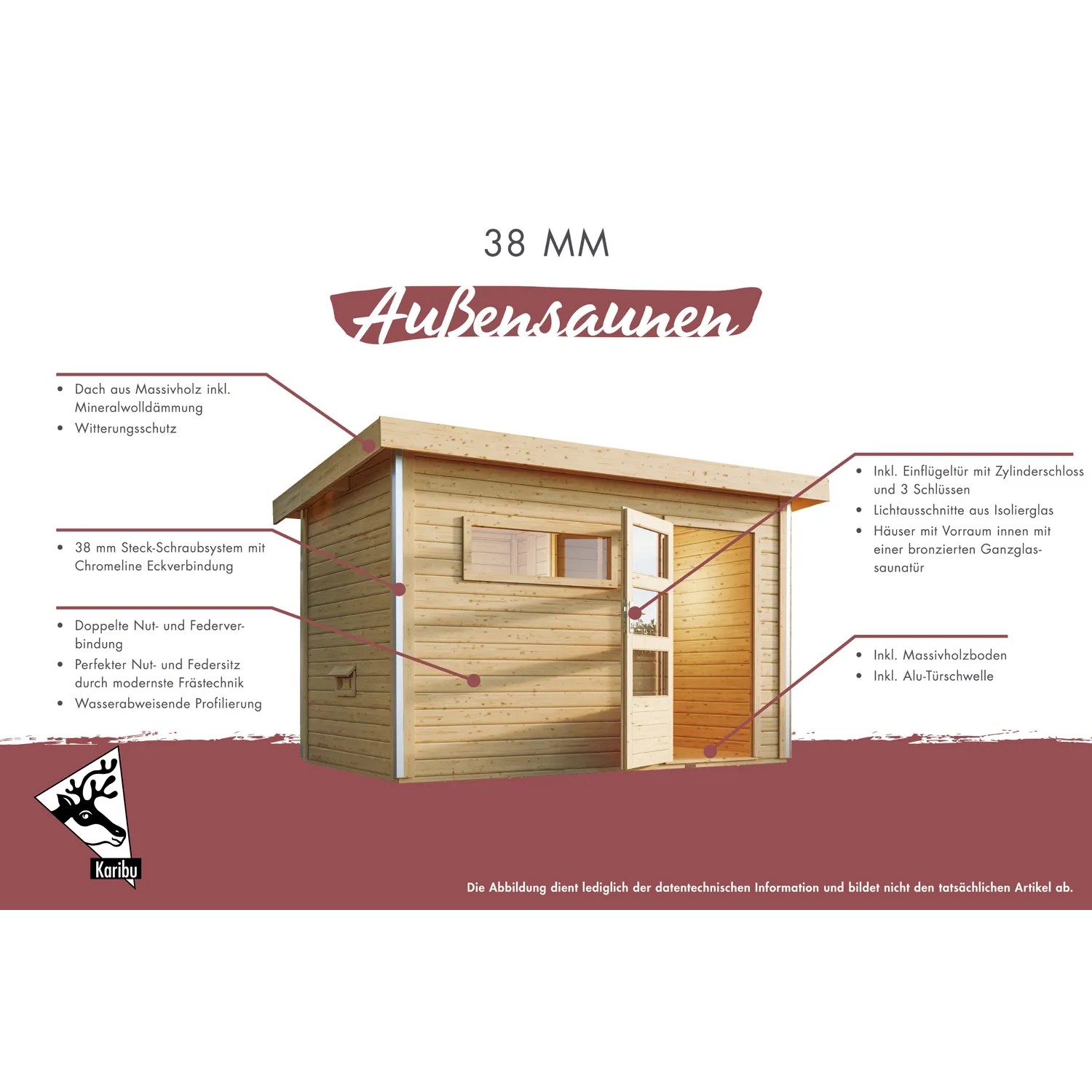 Karibu Saunahaus Cubulis 1, naturbelassen, mit Ofen. Holzsauna mit Flachdach und geöffneter Tür.