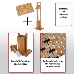 MCW Badezimmerset B18 aus Bambus mit WC-Papierhalter, Bürste und Badematte.