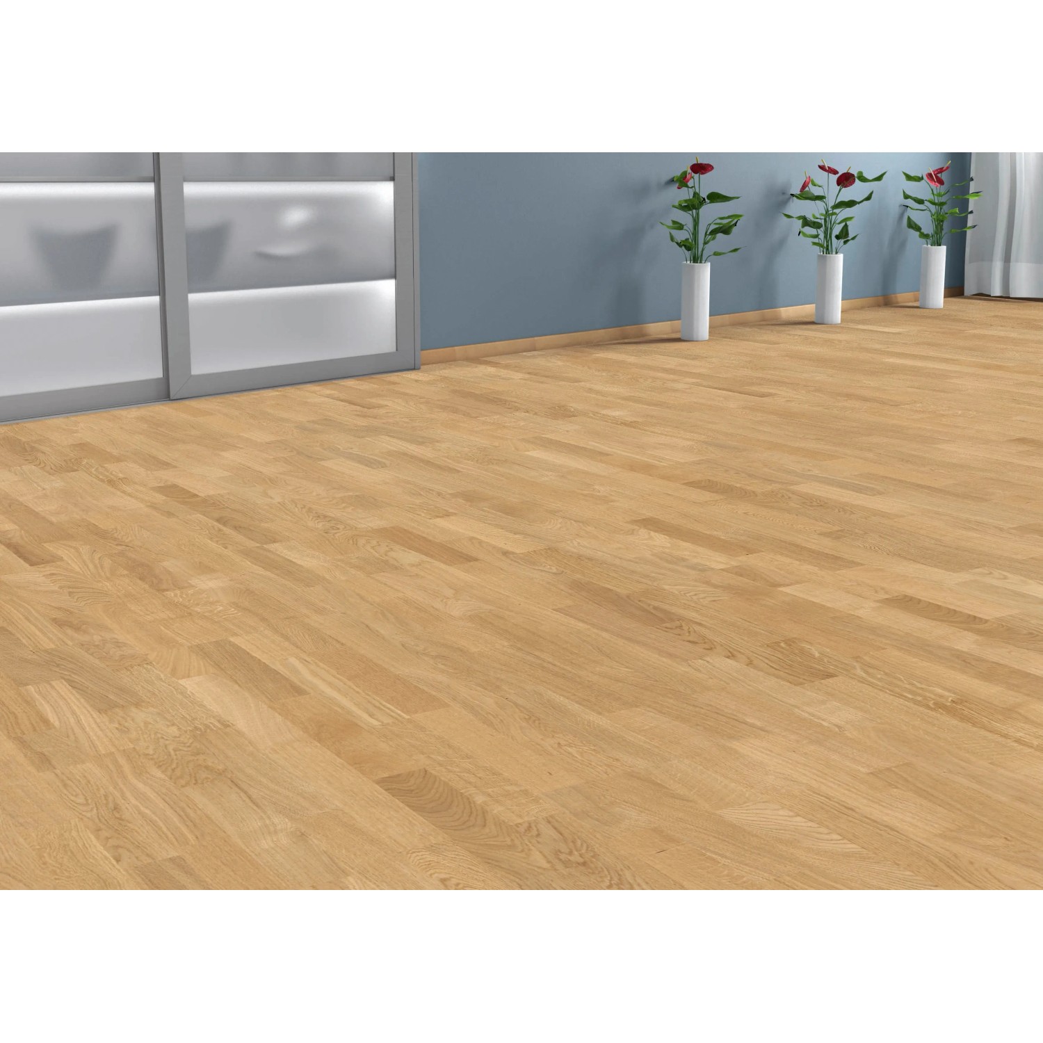 Verlegtes, helles Fertigparkett Schiffsboden Eiche Natur versiegelt im Raum.