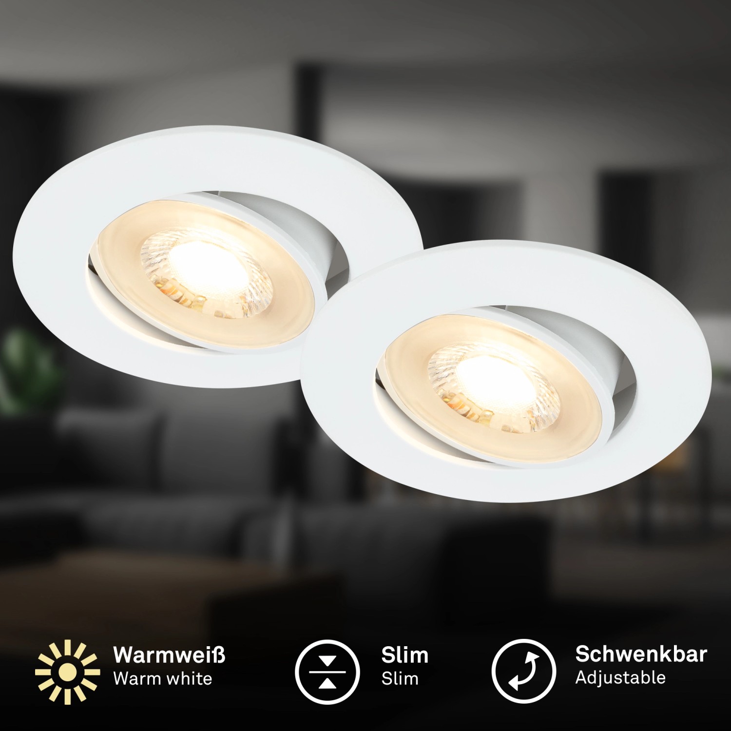 2er-Set Brilo LED-Einbauleuchten Besi, weiß, schwenkbar, warmweißes Licht.