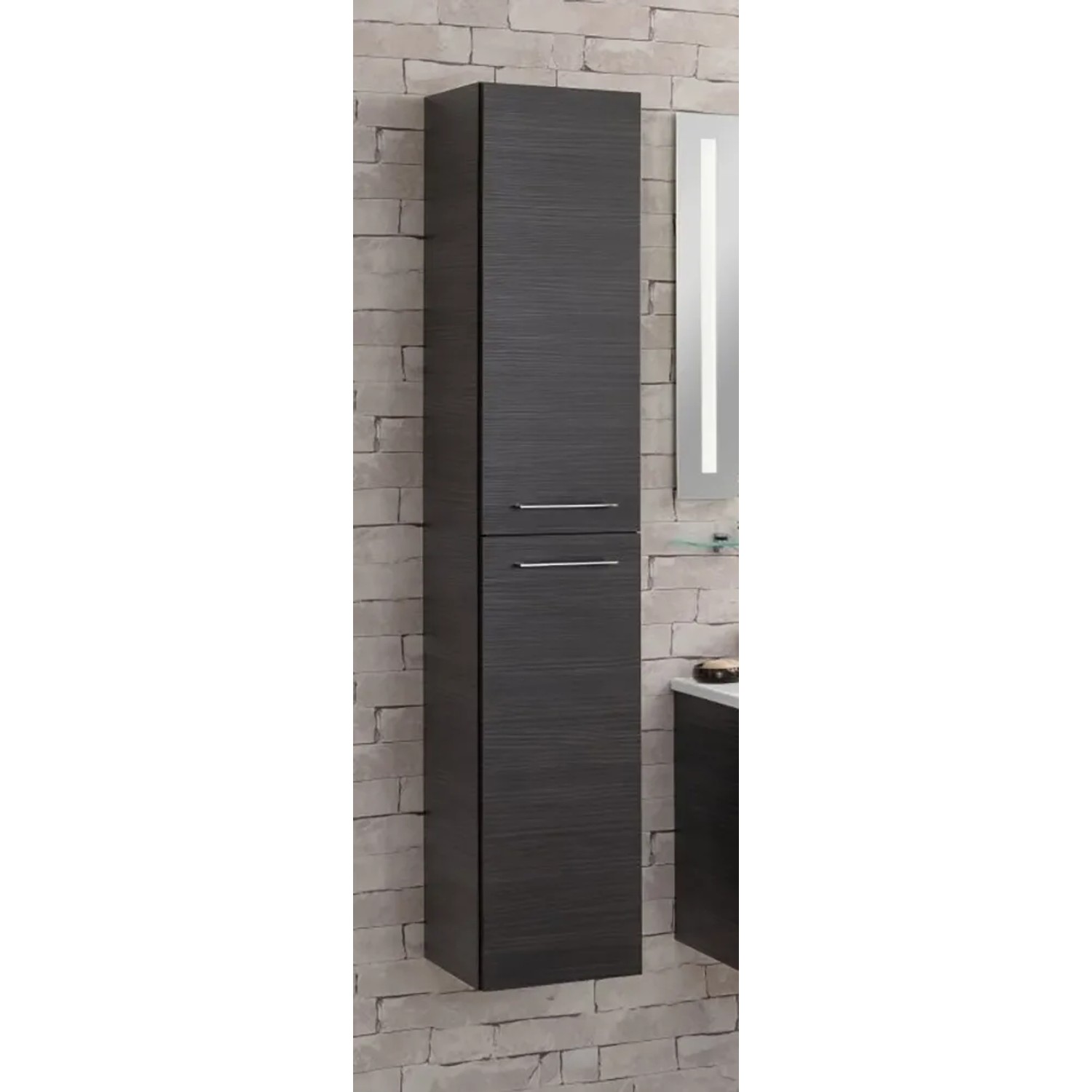 Fackelmann Bad-Hochschrank B.Perfekt Dark Oak, 160 cm hoch, mit zwei Türen und silbernen Griffen.