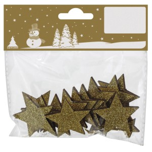 24 goldene Holzsterne als Weihnachtsdeko im Beutel.