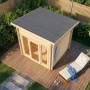 FinnTherm Saunahaus Lizzy XXS aus naturbelassenem Holz mit Flachdach und Glastür, Außenansicht.