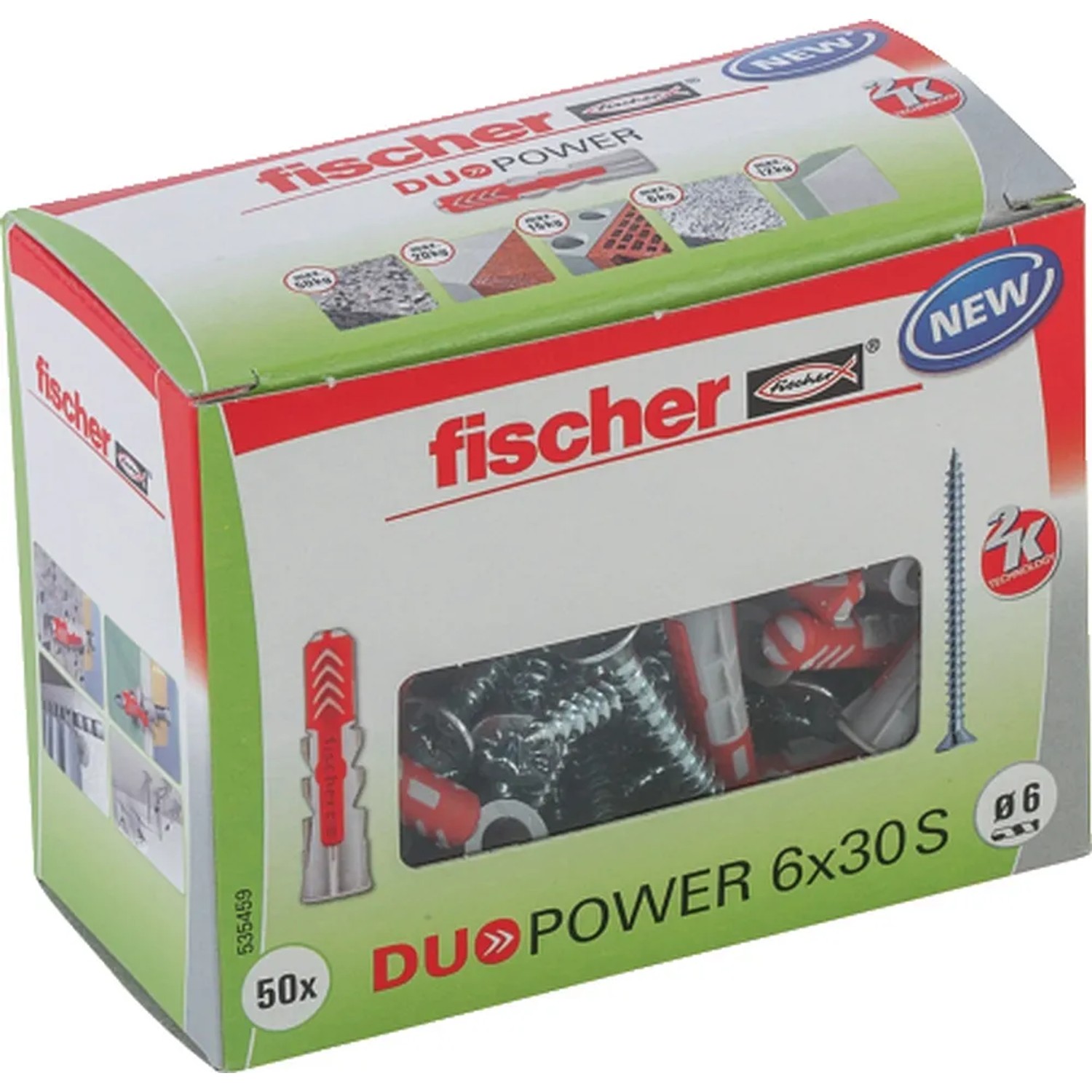 Verpackung Fischer Dübel DuoPower 6x30 mit Schrauben. Universaldübel für sicheren Halt in vielen Baustoffen.