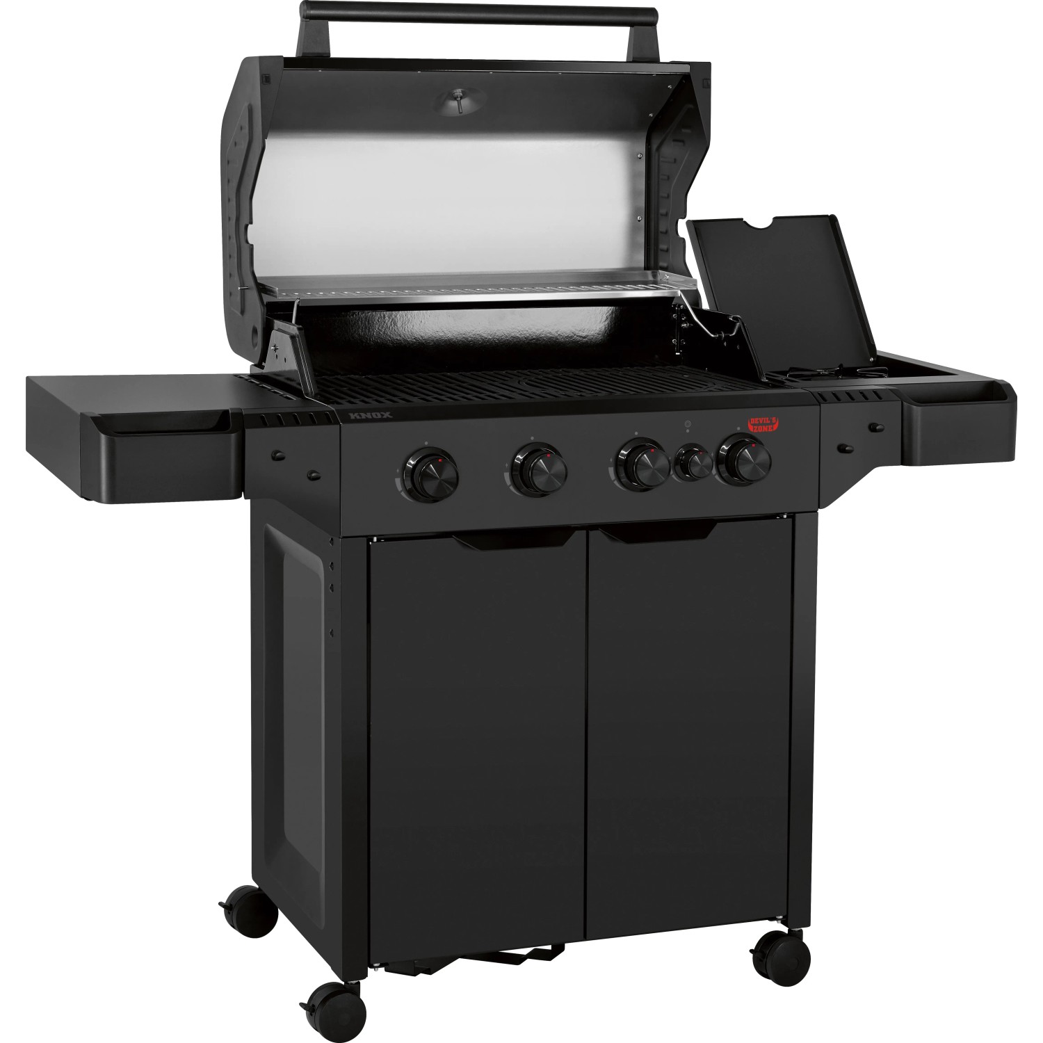 Schwarzer Jamestown 4-Brenner Gasgrill Knox II mit offenem Deckel und Seitenbrenner.