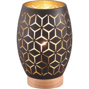 Schwarze Reality Tischleuchte Bidar mit Goldmuster und Holzfuß.