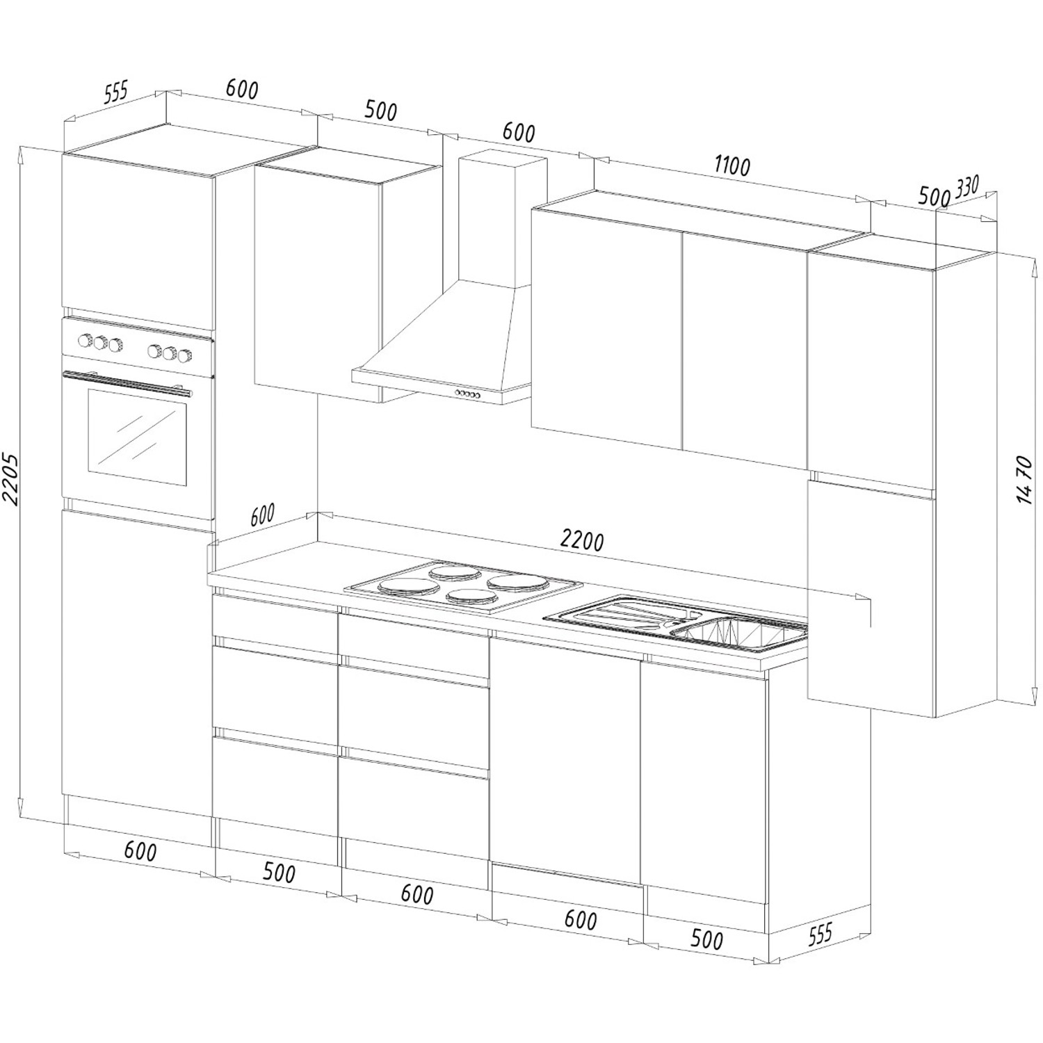 Respekta Küchenzeile 330cm ohne Geräte, Schwarz Hochglanz, Eiche Sägerau Dekor. Schemazeichnung mit Maßen.