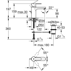 Technische Zeichnung: Grohe QuickFix Get M Waschtischarmatur mit Maßangaben.
