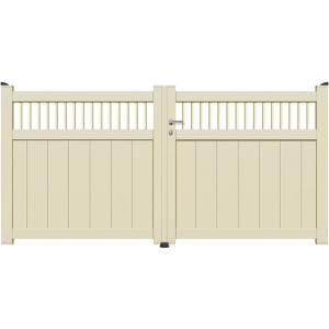 Beige Aluminium Gartentor Braga: Doppeltor mit senkrechten Füllstäben und Griff.