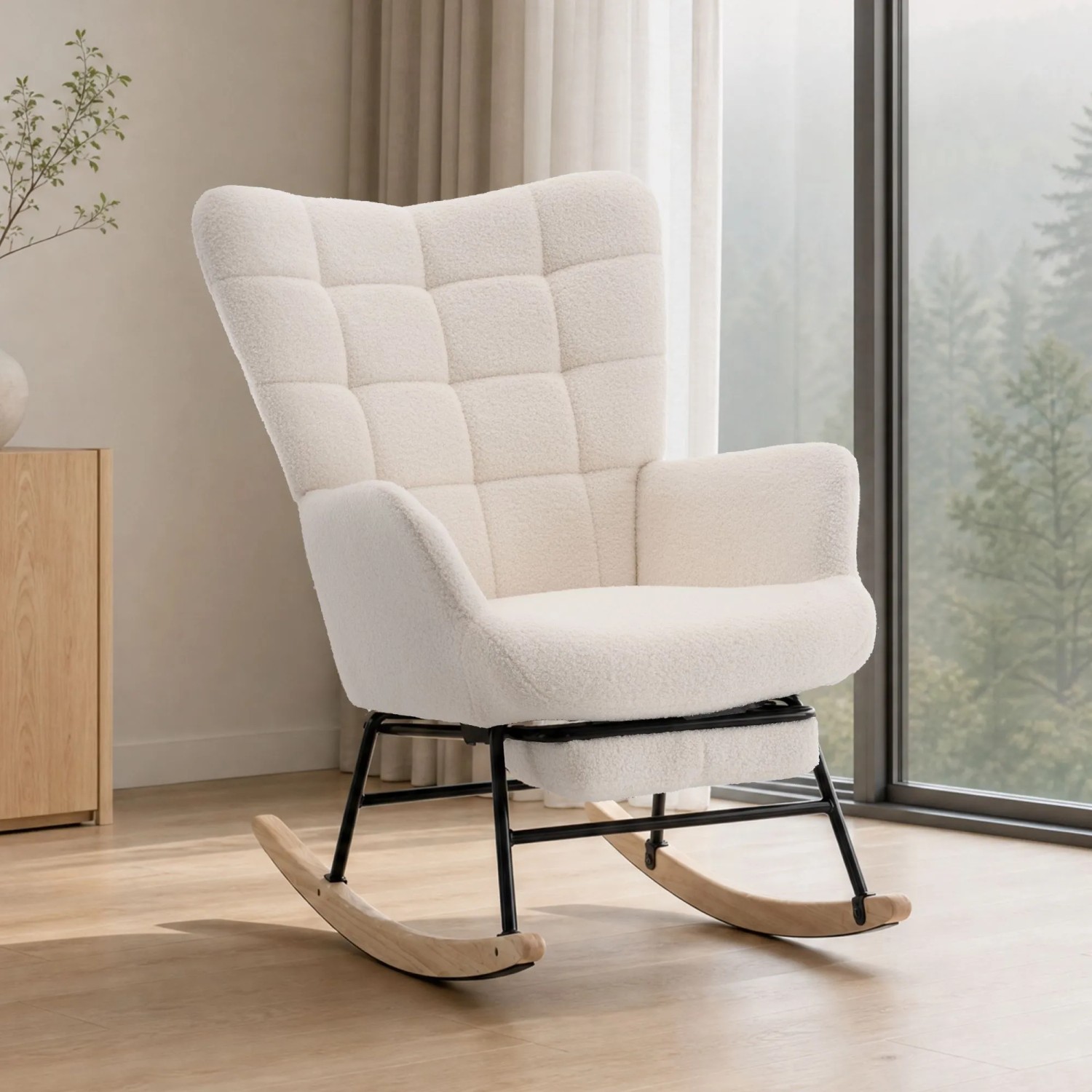 okwish Schaukelstuhl mit Fußstütze Armlehnen Relaxsessel Wohnzimmer 68x88x91cm Beige_3