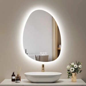Asymmetrischer LED Badspiegel 75x55 cm mit Hintergrundbeleuchtung, Anti-Beschlag und 3 dimmbaren Lichtfarben.